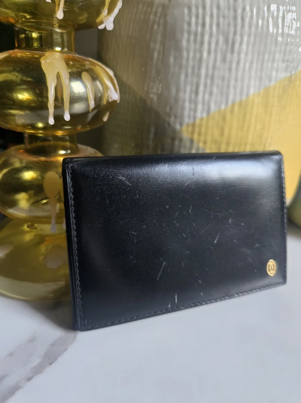 Vintage GUC Cartier Black Leather Slim Bifold Card Wallet